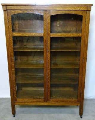 Antique Solid Tiger Quarter Sawn Oak 2 Door China Cabinet Bookcase Arts & Crafts 2