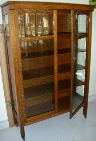 Antique Solid Tiger Quarter Sawn Oak 2 Door China Cabinet Bookcase Arts & Crafts 4