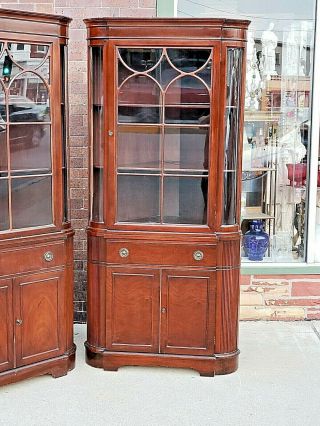 Sheraton style vintage Mahogany china corner cabinet cupboard 2 available 5