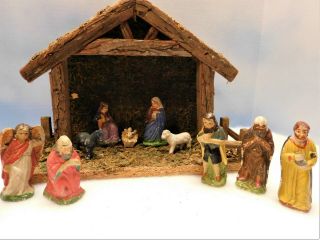 Antique Vintage Paper - Mache Manger Nativity Set Marked Japan