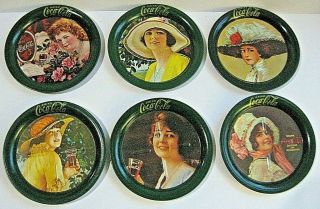 6 Vintage Small Coca Cola Lady Tin Tip Tray Coasters Advertising Change Tray