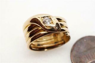 Chunky Antique English 18k Gold Old Cut Diamond Coiled Snake Ring C1910