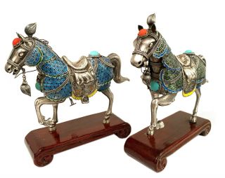 Pair Antique Vtg Chinese Silver Enamel Coral Turquoise Horse Statue Sculpture