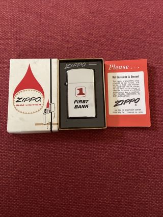 Vintage Rare 1968 Zippo Slim Lighter First Bank Unstruck Chrome