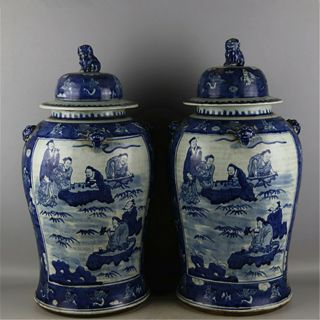 A Pair Chinese Qing Blue White Porcelain Figure Jar