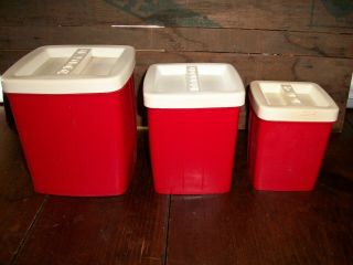 Vintage Plastic Red With White Lids (3) Piece Canister Set /sugar - Coffee - Tea