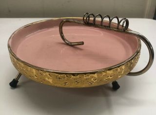 Vtg 50s Mid Century Atomic 22k Weeping - Bright Gold Pink Ashtray & Stand Funky