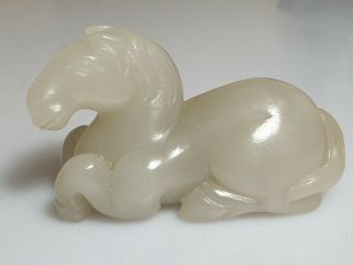 A Fine Qing Dynasty Pale White / Grey Jade Carving Of Recumbent Horse.