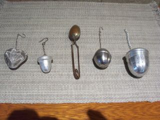 5 Vintage Tea Leaf Strainer Steeper Metal Ball Acorn Basket Spoon Chain & Hook