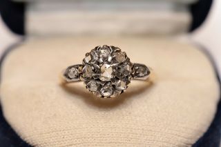 Antique 18k Gold Victorian Natural Rose Cut Diamond Decorated Ring