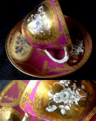 Antique Meissen Porcelain Cup And Saucer Rich Gold Flowers Vertical