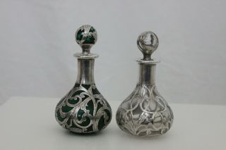 Antique Art Nouveau Silver Overlay Purfume Bottles Pair