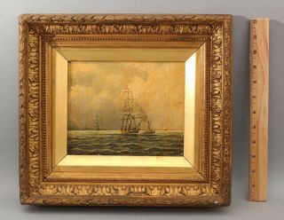 Small 19thc Antique Maritime Oil Painting,  Sailing Ship,  Habor Steamship Tugboat