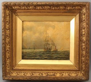 Small 19thC Antique Maritime Oil Painting,  Sailing Ship,  Habor Steamship Tugboat 2