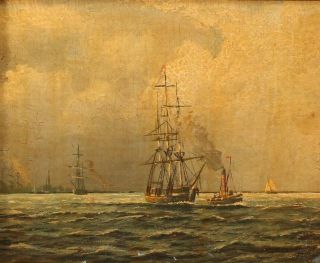 Small 19thC Antique Maritime Oil Painting,  Sailing Ship,  Habor Steamship Tugboat 3