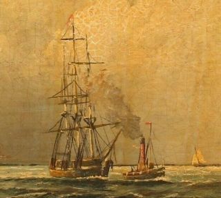 Small 19thC Antique Maritime Oil Painting,  Sailing Ship,  Habor Steamship Tugboat 4