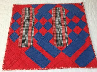 Antique Vintage Patchwork Quilt Mini Table Topper Or Doll Crib Quilt,  Red,  Blue