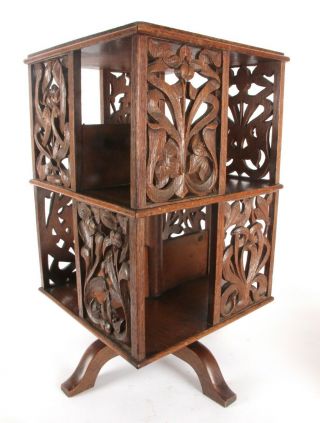 Arts And Crafts Oak Carved Table Top Revolving Bookcase Arthur Simpson Style