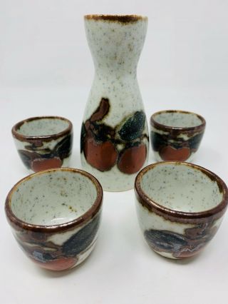 Vintage 7 Piece Ceramic Sake Set Decanter With 4 Cups Apple Design,  Japan