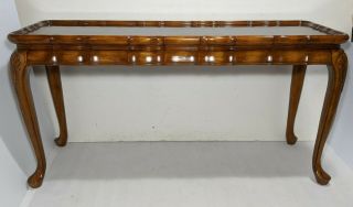 Vintage Inlaid Burl Walnut Wood French Provincial Console Sofa Table Queen Anne
