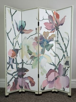 Chinese Vtg 4 Panel Room Divider Double - Sided Folding Privacy Screen Pastel Art