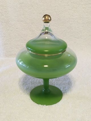 Vintage Green Depression Glass Candy Dish W/gold Top And Rim
