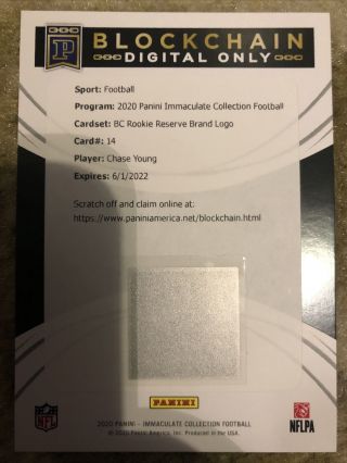 2020 Immaculate Chase Young Blockchain Digital Only Rookie Patch Auto Redemption
