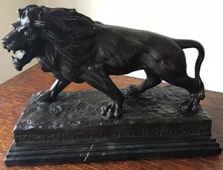 ‘barye’ Large French,  Bronze Model Of A Lion On A Marble Plinth,  Impressed Barye