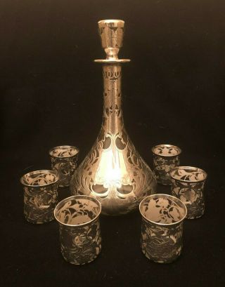 Antique Sterling Silver Overlay Decanter With 6 Sterling Overlay Glasses