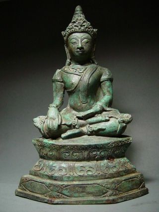 Antique Bronze Enthroned Crowned Ayutthaya Buddha,  Temple Relic.