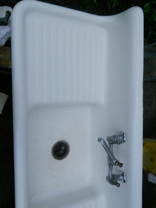 Vintage/antique cast iron white porcelain farmhouse drainboard kitchen sink 1930 3