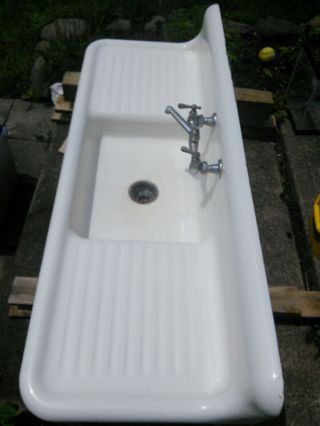 Vintage/antique cast iron white porcelain farmhouse drainboard kitchen sink 1930 4