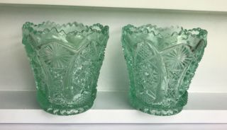 Vintage Imperial Glass Green Etched Star Flower Toothpick Holder Salt Cellar Set