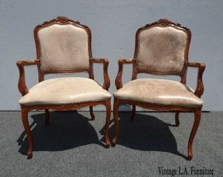 Vintage French Country Brown Leather Accent Chairs Set 2