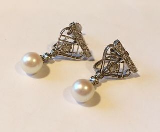 Antique Art Deco Platinum/14k Diamond Ear Rings With Pearl