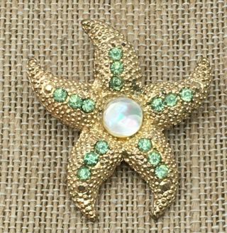 Vintage Gold Tone Pale Green Rhinestone Mother Of Pearl Starfish Brooch