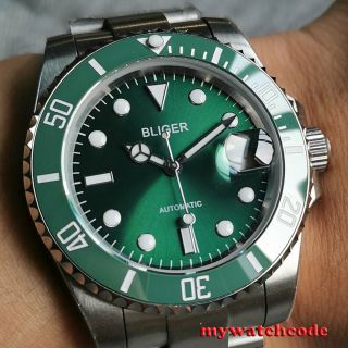 40mm Bliger Green Dial Ceramic Bezel 24 Jewels Japan Nh35a Automatic Mens Watch