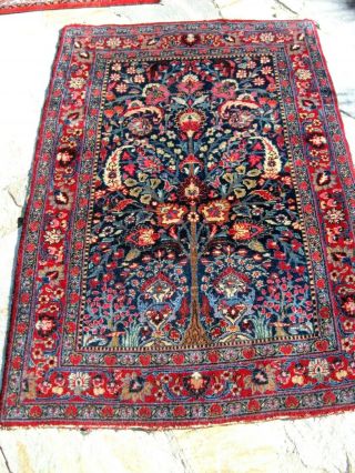 Antique 1920 Estate Tree Of Life Rug Great Blue Colors Full Pile