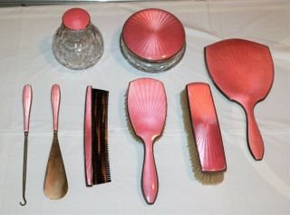 8 Piece 1920s Sterling Silver & Cotton Candy Pink Guilloche Enamel Vanity Set