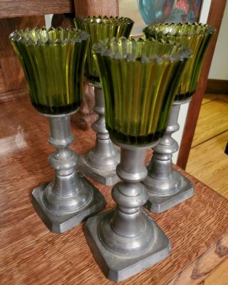 Colonial Casting Co 4 Pewter Candle Holders Green Glass Shades Vintage Christmas