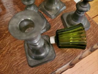 Colonial Casting Co 4 Pewter Candle Holders green glass shades vintage Christmas 2