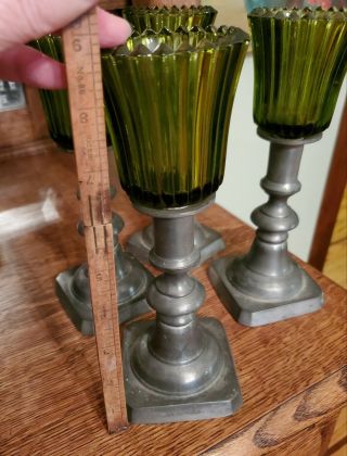 Colonial Casting Co 4 Pewter Candle Holders green glass shades vintage Christmas 3