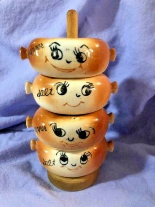 Vintage Japan Stackable Donut Salt And Pepper Shakers Set Of 4 Anthropomorphic