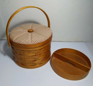 Vintage Wooden Woven Sewing Basket Box With Tray,  Handle - Weave