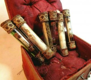Antique Reliquary Treasure Chest Box W/ 6 Tube Relics To Various Saints