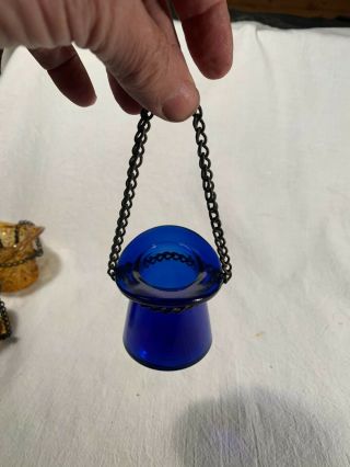 Vintage Cobalt Blue Glass Hanging Match Holder For Hanging Oil Lamp & Chain