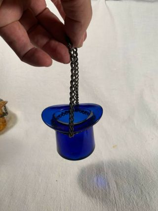 Vintage Cobalt Blue Glass Hanging Match Holder for Hanging Oil Lamp & Chain 2