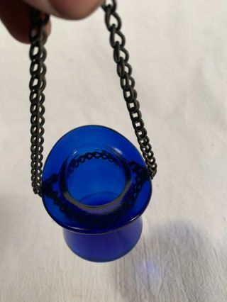 Vintage Cobalt Blue Glass Hanging Match Holder for Hanging Oil Lamp & Chain 3