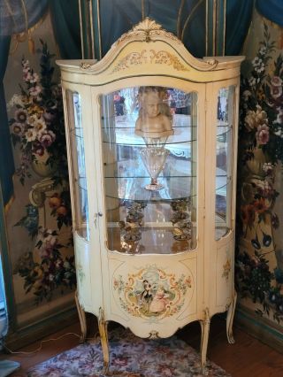 Vintage French Painted Curio Cabinet Vitrine Romantic Scene Bows Curvy Glass