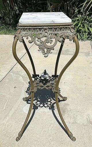 Antique Victorian Cast Iron Brass Twisted Legs Plant Fern Stand Marble Table Top